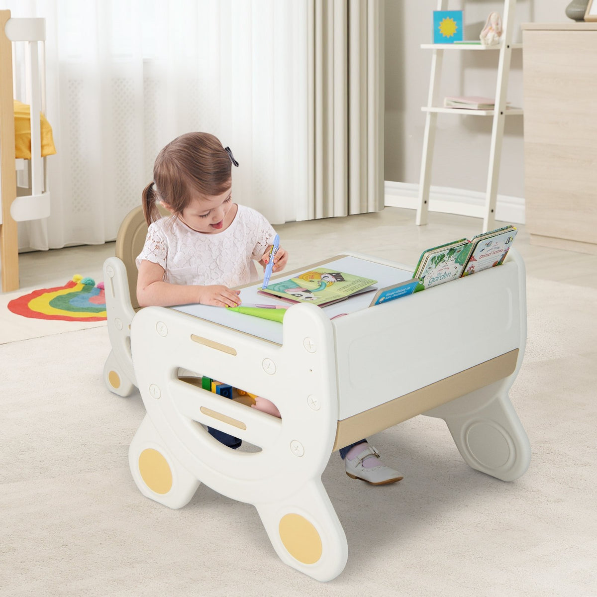 Kids Drawing Table and Chair Set with Watercolor Pens and Blackboard Eraser-Brown view 2