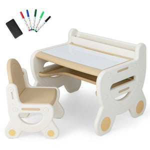 Kids Drawing Table and Chair Set with Watercolor Pens and Blackboard Eraser-Brown view 3