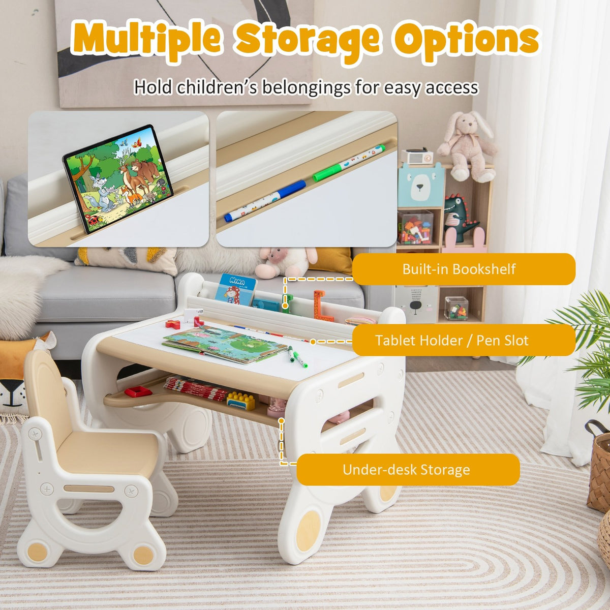 Kids Drawing Table and Chair Set with Watercolor Pens and Blackboard Eraser-Brown view 7