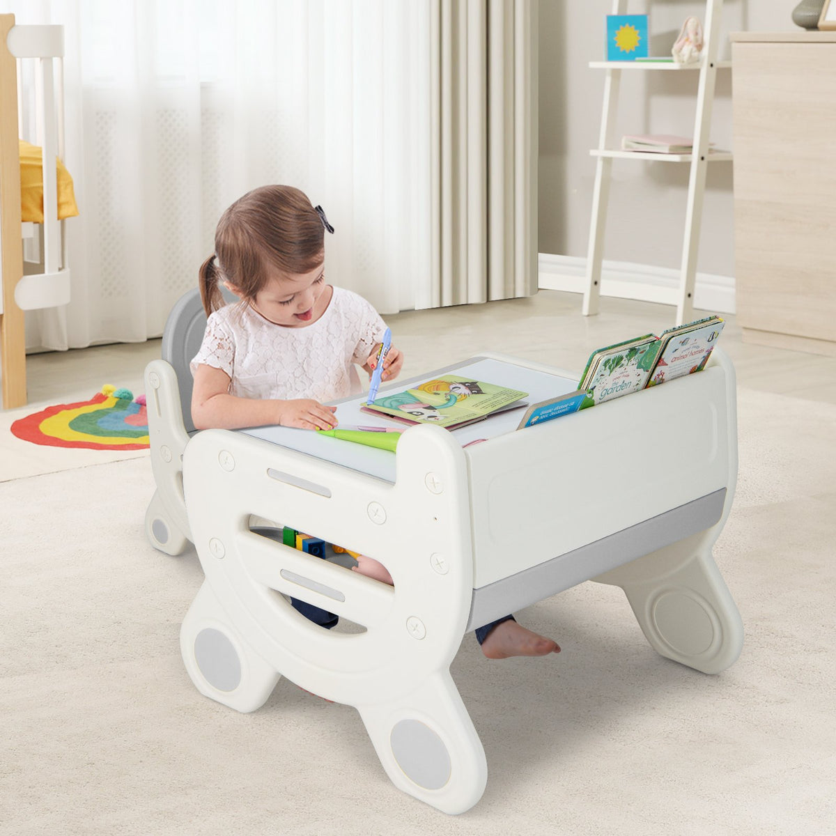 Kids Drawing Table and Chair Set with Watercolor Pens and Blackboard Eraser-Gray view 2