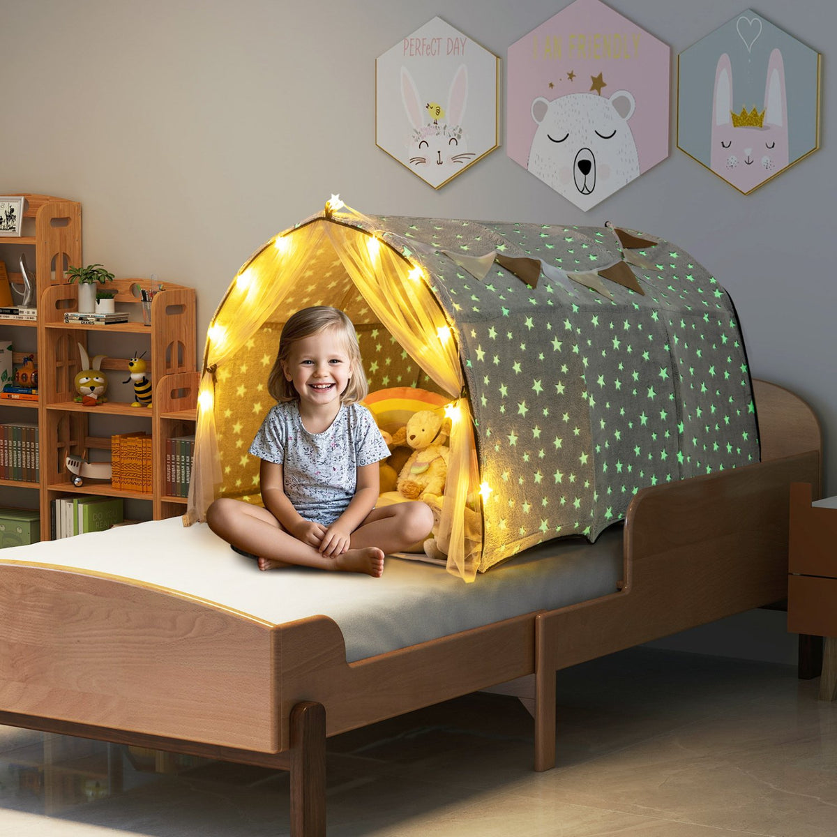 Kids Dream Bed Tent Twin Bunk Bed with Glow in the Dark Stars and Lights-Gray view 3