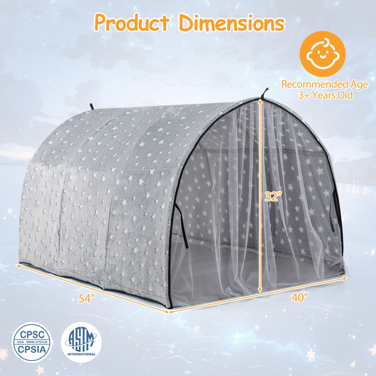 Kids Dream Bed Tent Twin Bunk Bed with Glow in the Dark Stars and Lights-Gray view 5