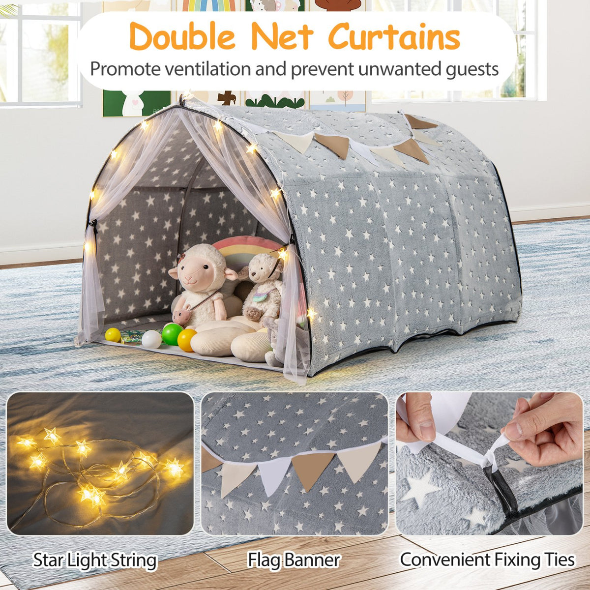 Kids Dream Bed Tent Twin Bunk Bed with Glow in the Dark Stars and Lights-Gray view 7