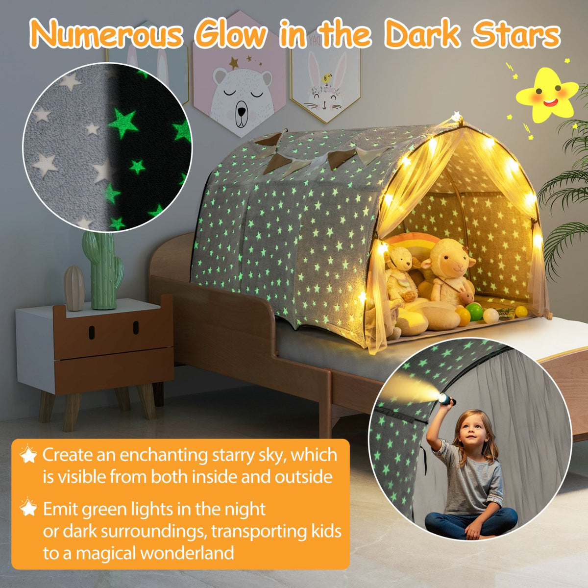 Kids Dream Bed Tent Twin Bunk Bed with Glow in the Dark Stars and Lights-Gray view 8