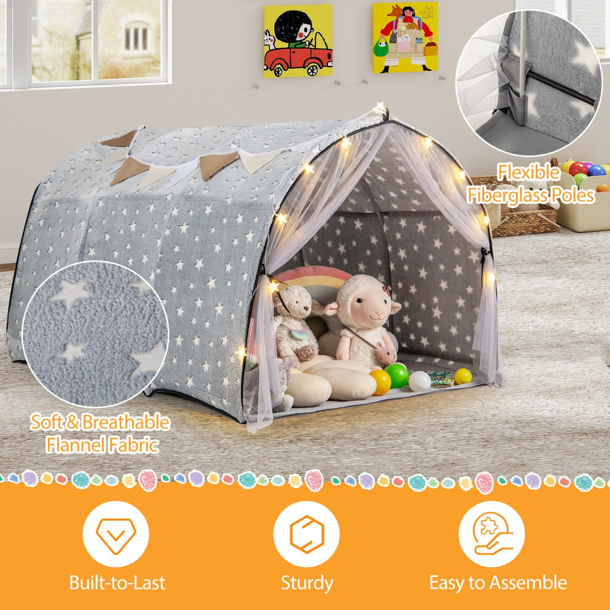Kids Dream Bed Tent Twin Bunk Bed with Glow in the Dark Stars and Lights-Gray view 9