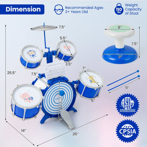 Kids Drum Set Educational Percussion Musical Instrument Toy with Bass Drum-Blue view 5