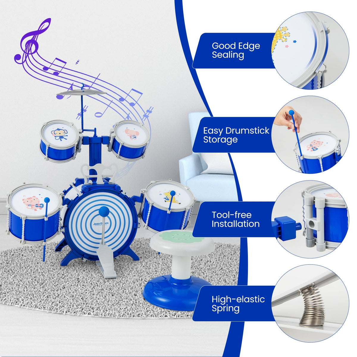 Kids Drum Set Educational Percussion Musical Instrument Toy with Bass Drum-Blue view 7