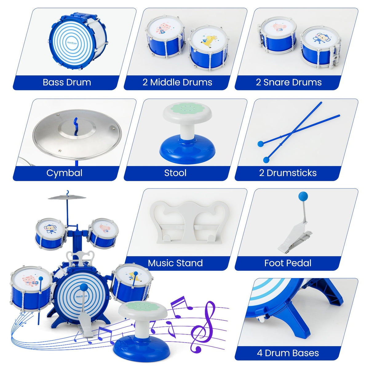 Kids Drum Set Educational Percussion Musical Instrument Toy with Bass Drum-Blue view 8