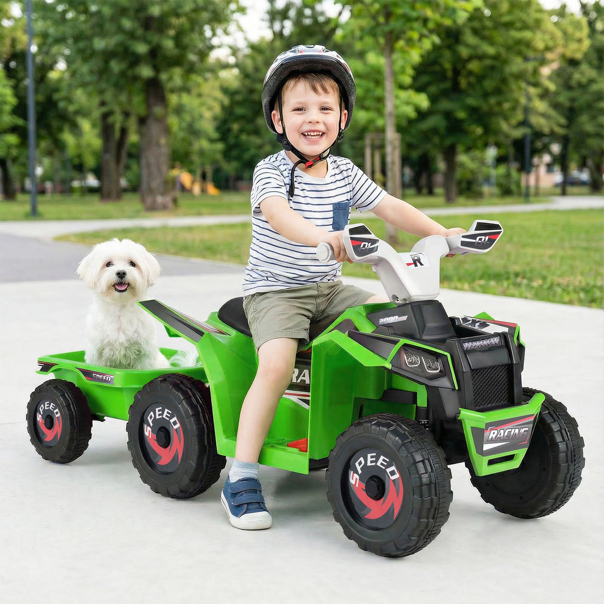 6V Kids Electric ATV Quad Car with Detachable Trailer-Green view 2
