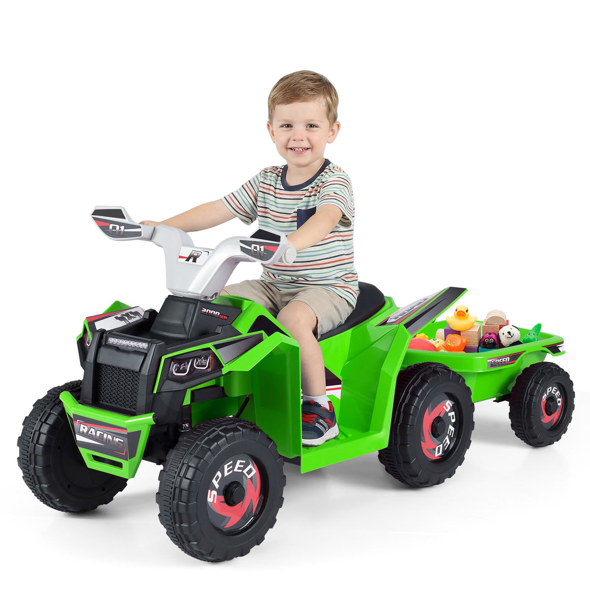 6V Kids Electric ATV Quad Car with Detachable Trailer-Green view 4