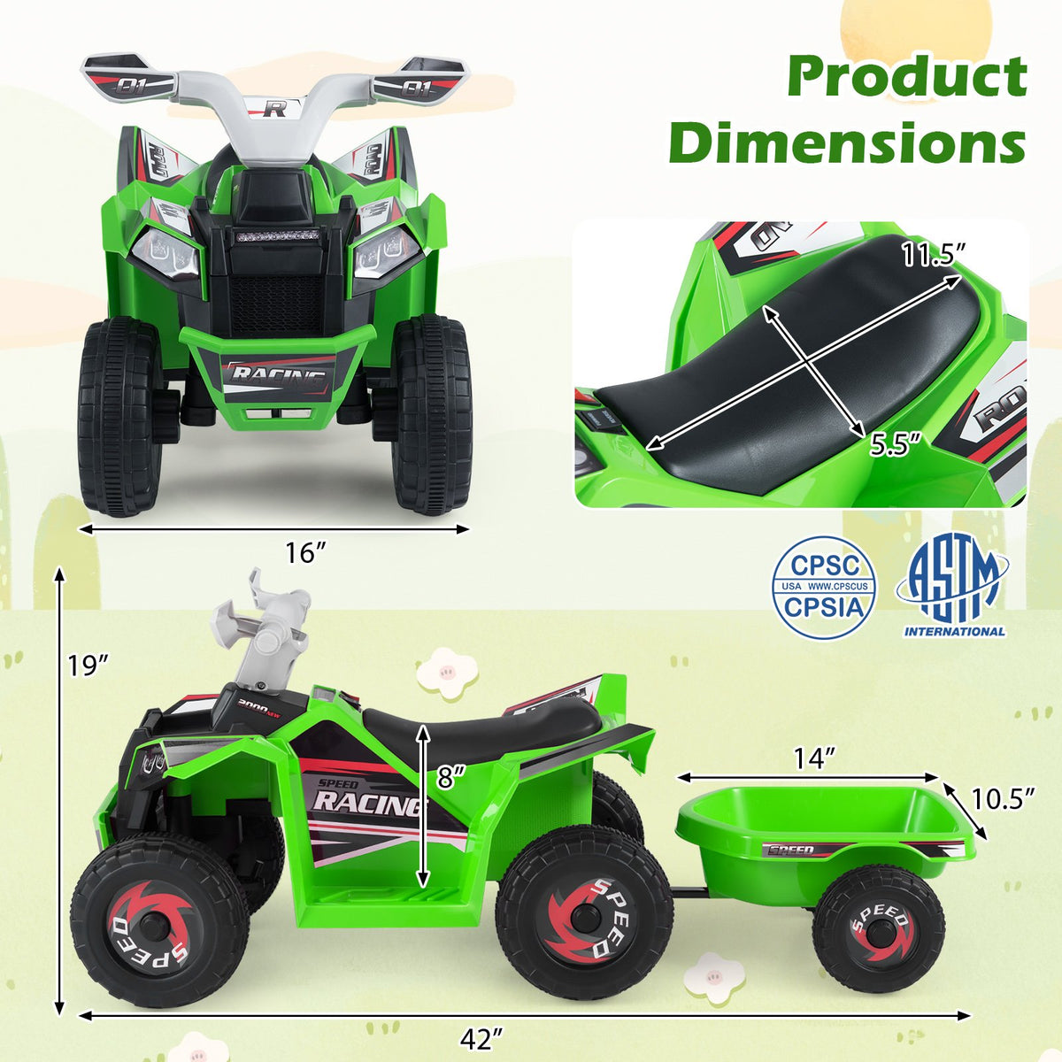 6V Kids Electric ATV Quad Car with Detachable Trailer-Green view 5