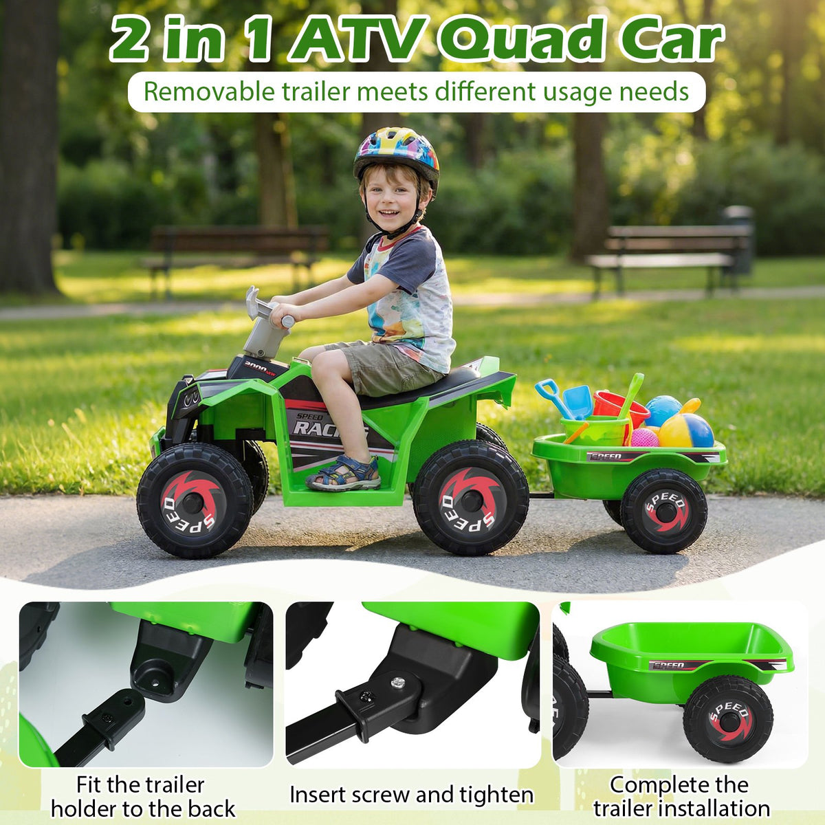 6V Kids Electric ATV Quad Car with Detachable Trailer-Green view 6