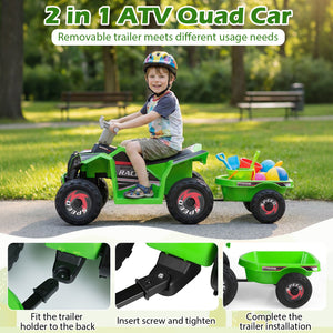 6V Kids Electric ATV Quad Car with Detachable Trailer-Green view 6