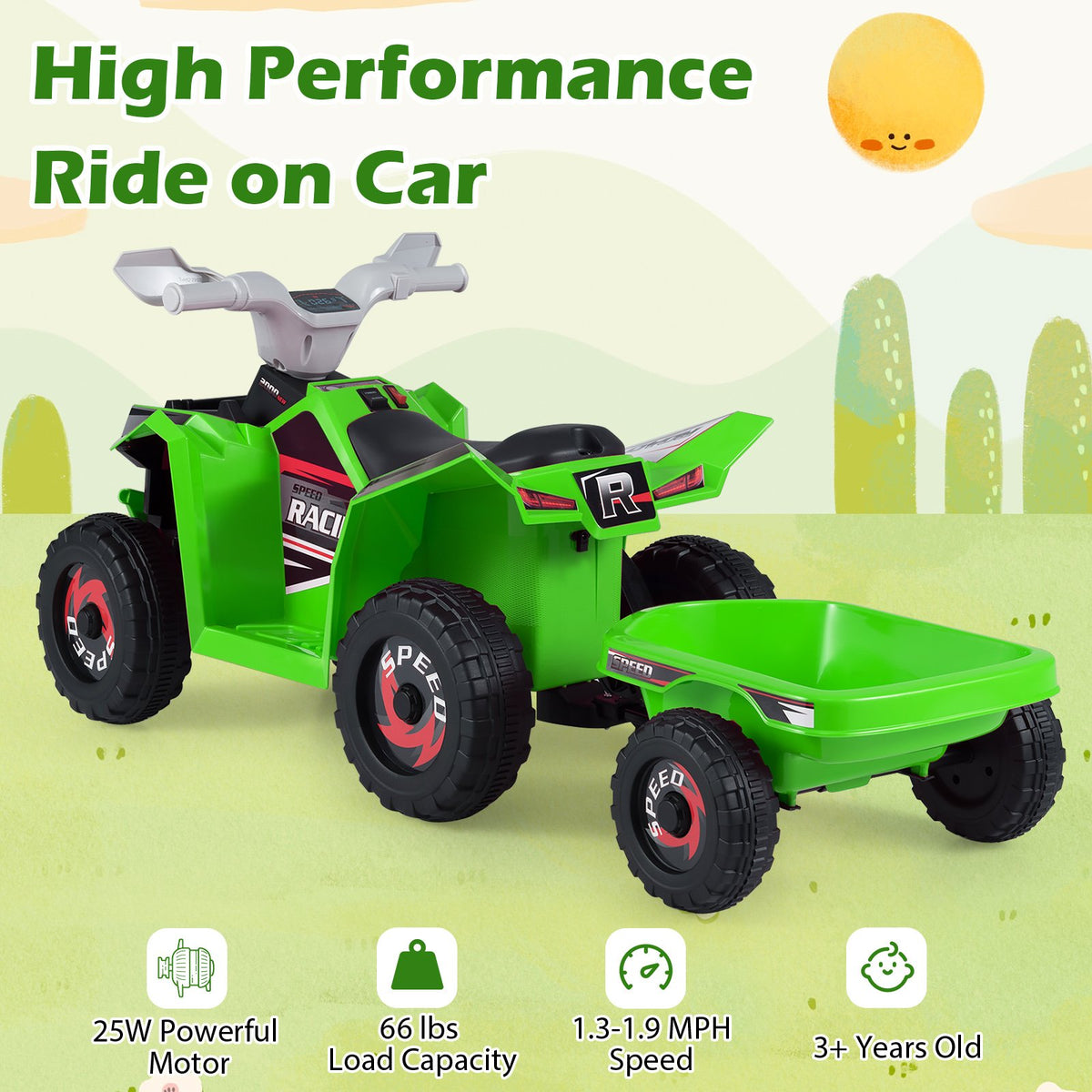 6V Kids Electric ATV Quad Car with Detachable Trailer-Green view 7