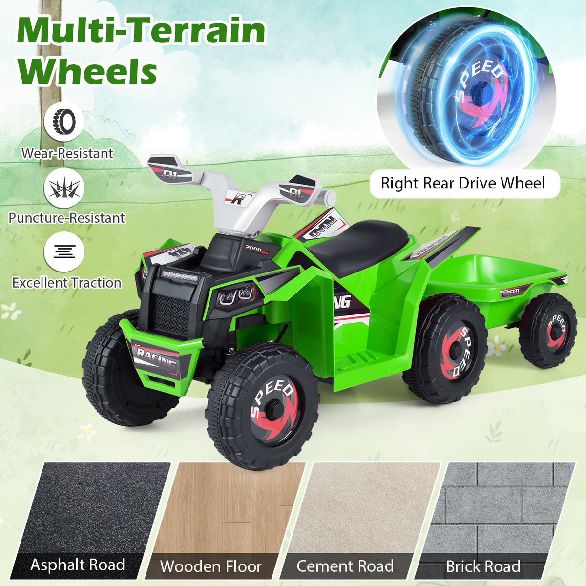 6V Kids Electric ATV Quad Car with Detachable Trailer-Green view 9