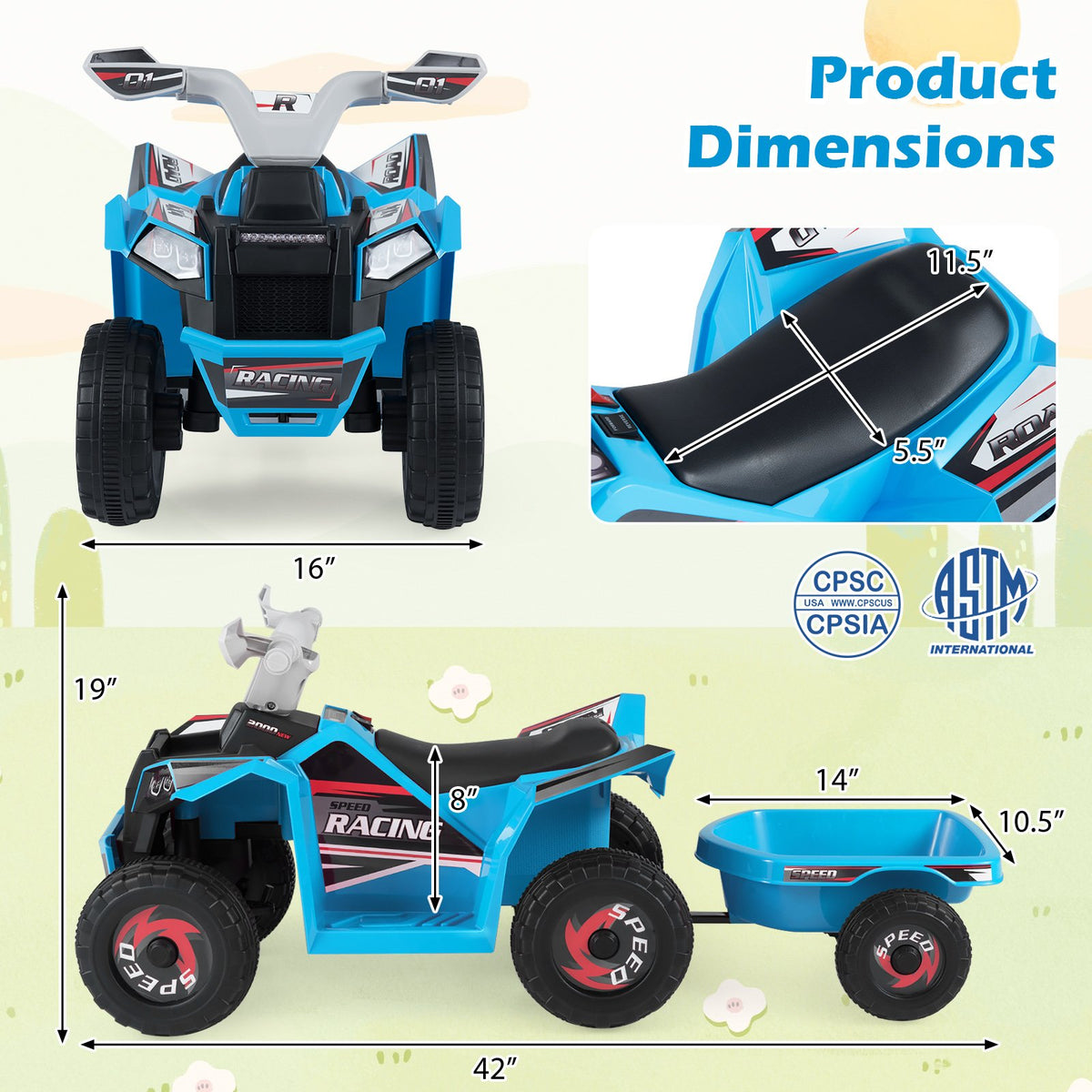 6V Kids Electric ATV Quad Car with Detachable Trailer-Navy view 5