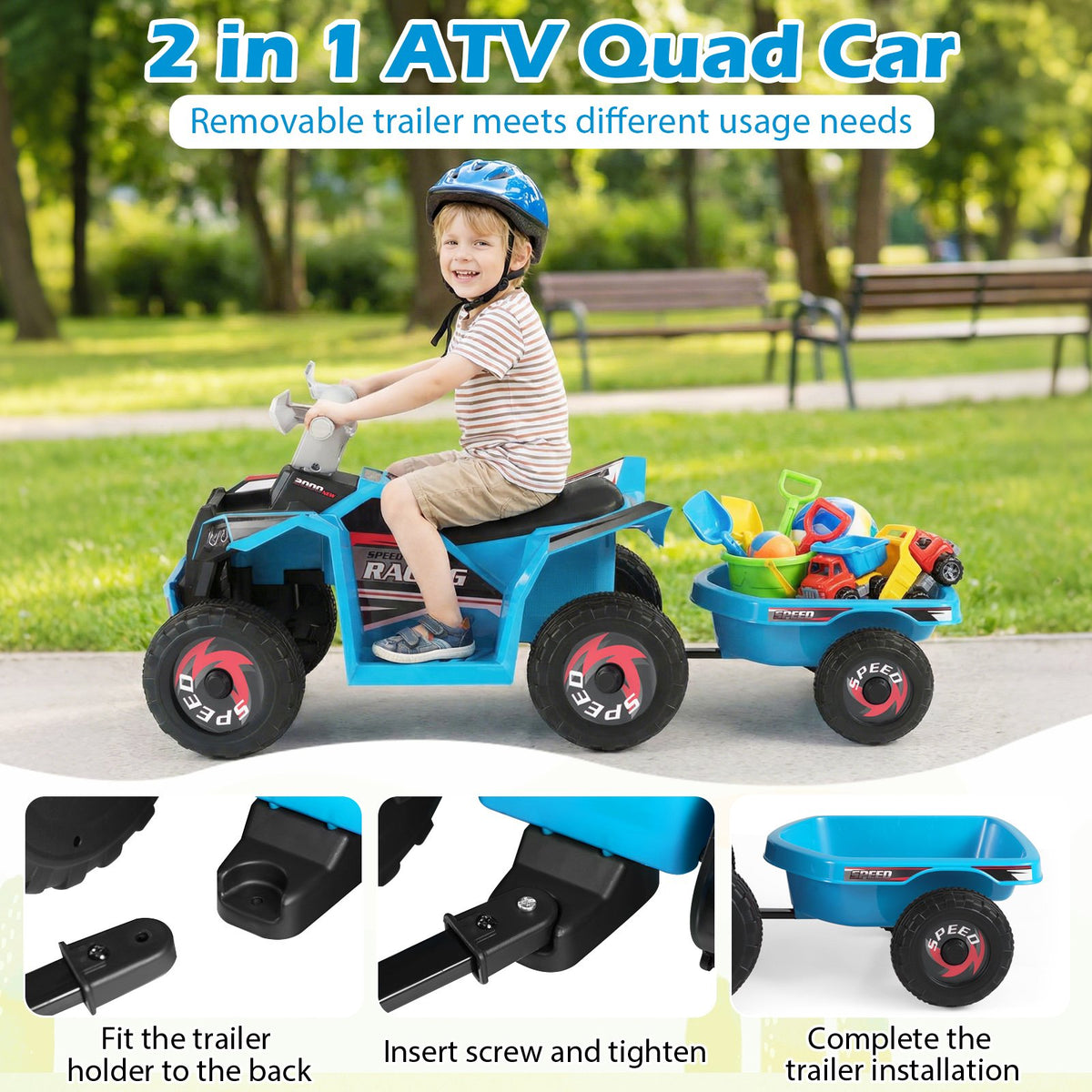 6V Kids Electric ATV Quad Car with Detachable Trailer-Navy view 6