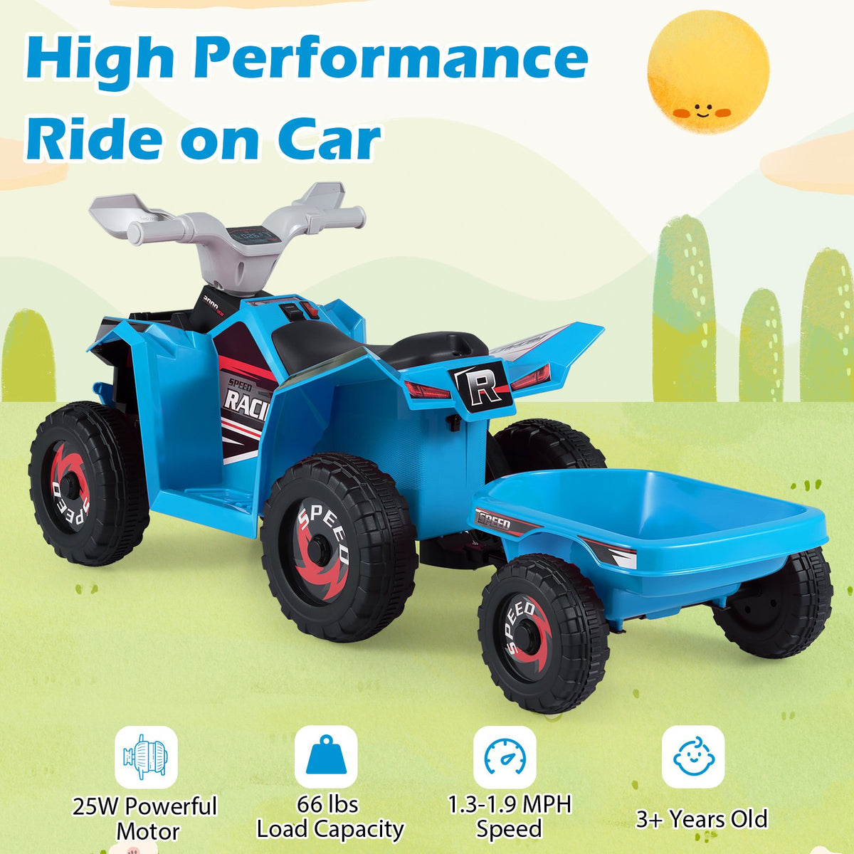 6V Kids Electric ATV Quad Car with Detachable Trailer-Navy view 7