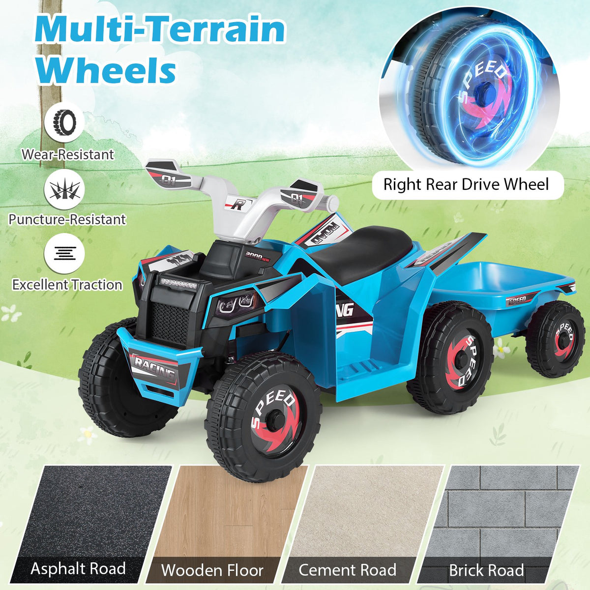 6V Kids Electric ATV Quad Car with Detachable Trailer-Navy view 9