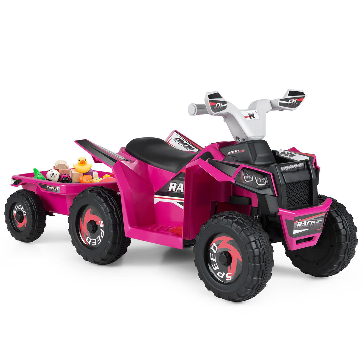 6V Kids Electric ATV Quad Car with Detachable Trailer-Rose Red