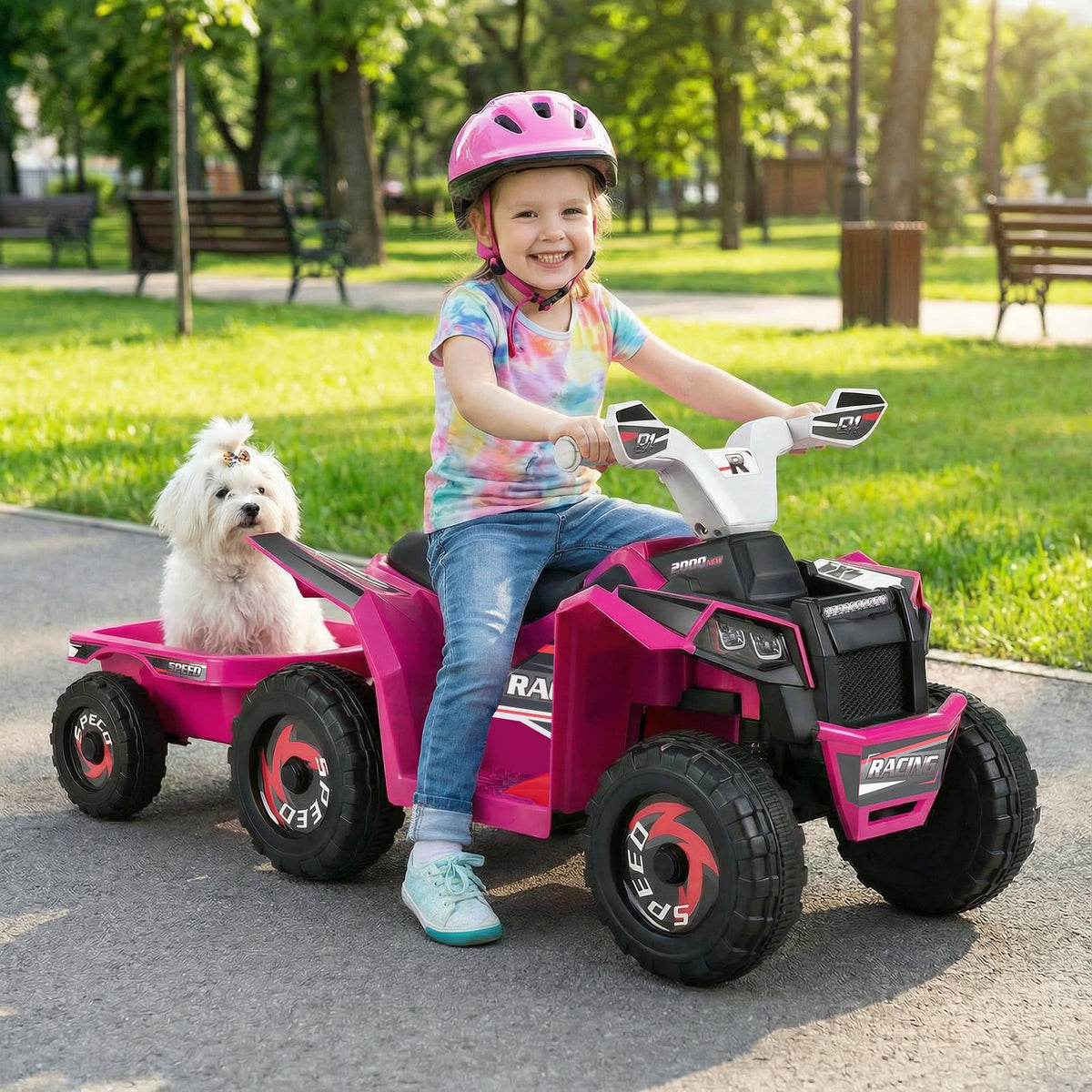 6V Kids Electric ATV Quad Car with Detachable Trailer-Rose Red view 3