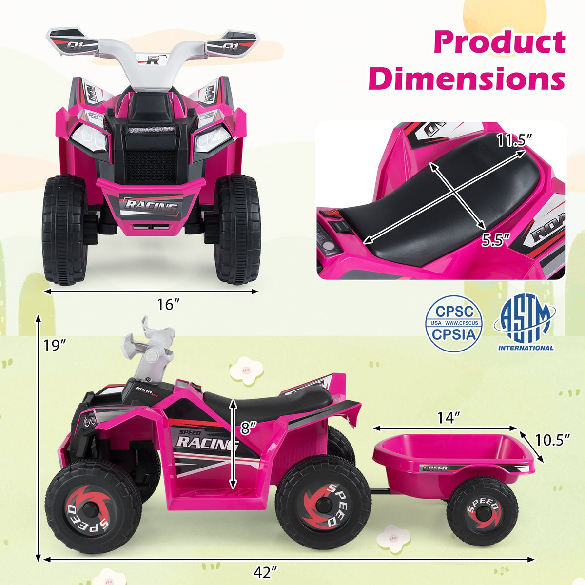6V Kids Electric ATV Quad Car with Detachable Trailer-Rose Red view 5