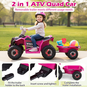6V Kids Electric ATV Quad Car with Detachable Trailer-Rose Red view 6
