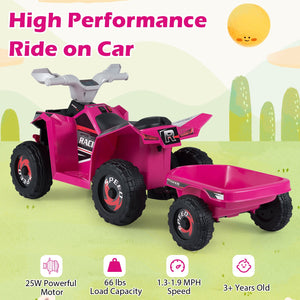 6V Kids Electric ATV Quad Car with Detachable Trailer-Rose Red view 7