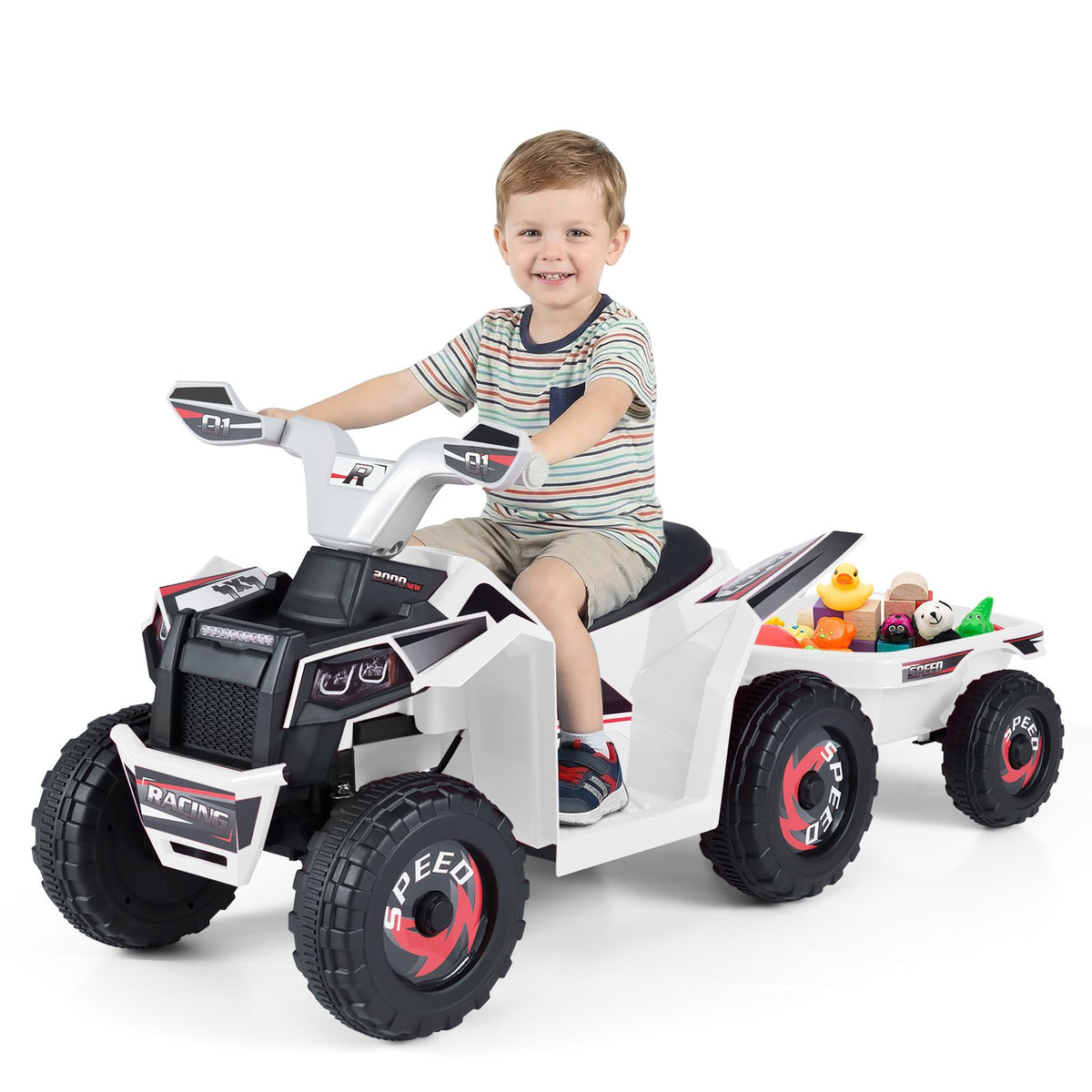 6V Kids Electric ATV Quad Car with Detachable Trailer-White view 4