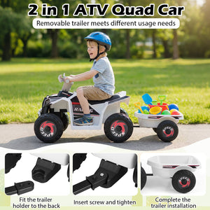 6V Kids Electric ATV Quad Car with Detachable Trailer-White view 7