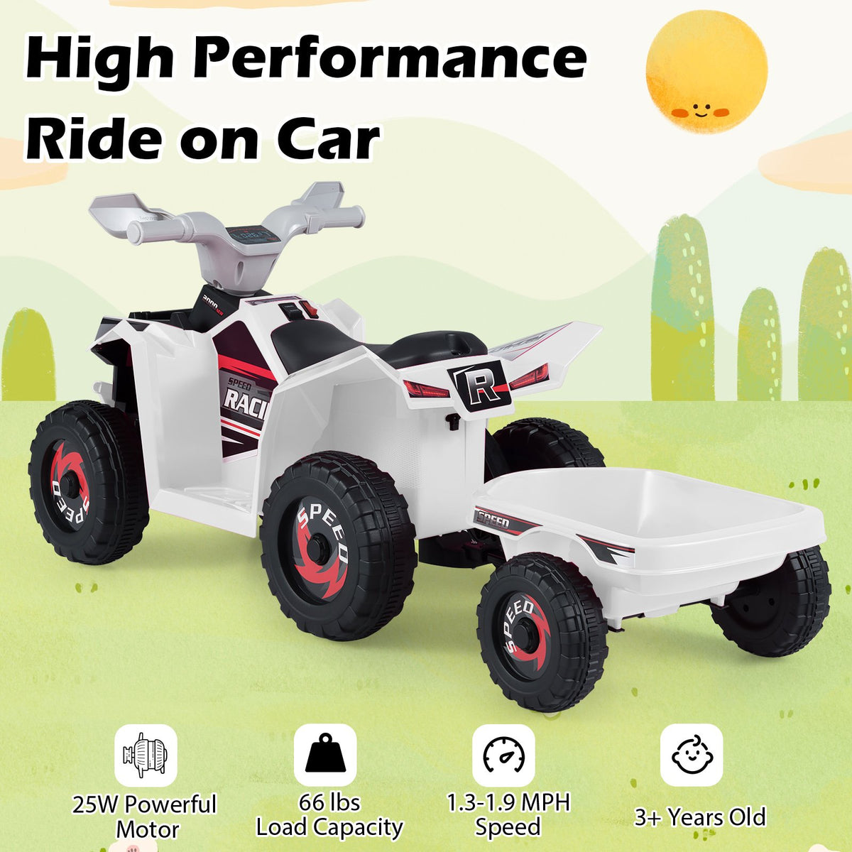 6V Kids Electric ATV Quad Car with Detachable Trailer-White view 8