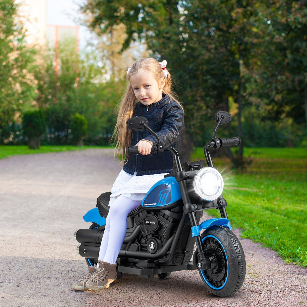 Kids Electric Motorcycle with Training Wheels and LED Headlights-Blue view 3