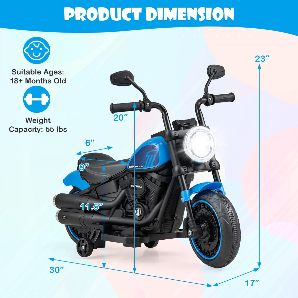 Kids Electric Motorcycle with Training Wheels and LED Headlights-Blue view 4