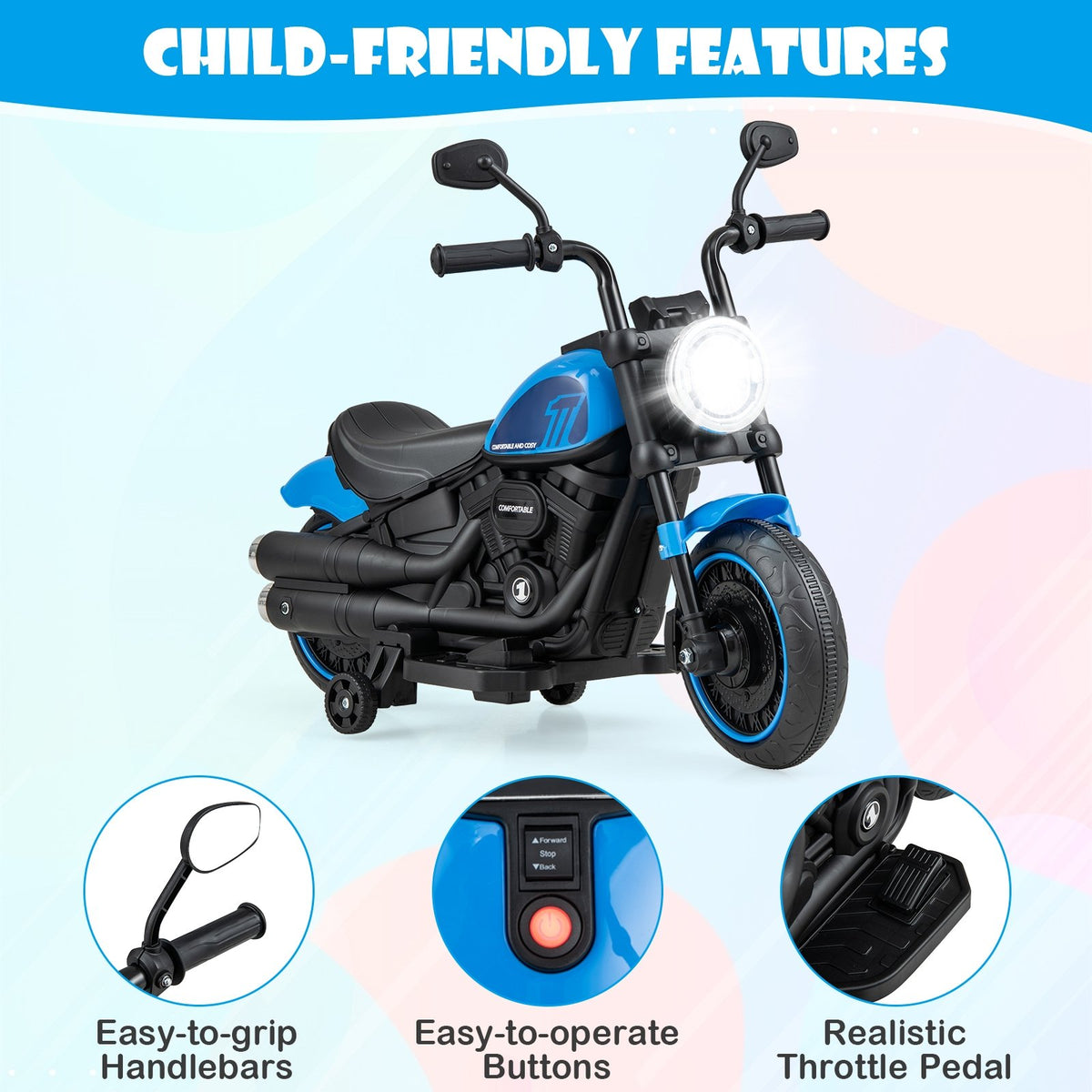 Kids Electric Motorcycle with Training Wheels and LED Headlights-Blue view 6
