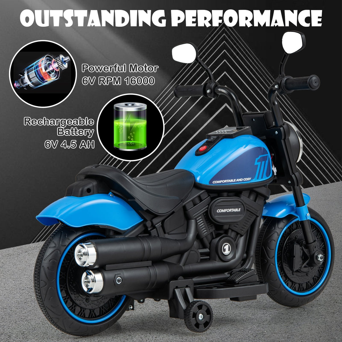 Kids Electric Motorcycle with Training Wheels and LED Headlights-Blue view 8