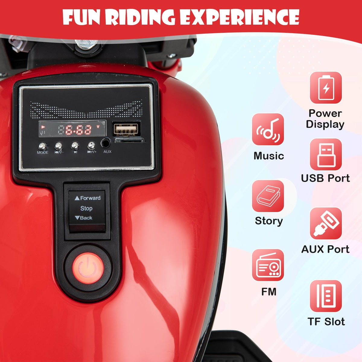 Kids Electric Motorcycle with Training Wheels and LED Headlights-Red view 5