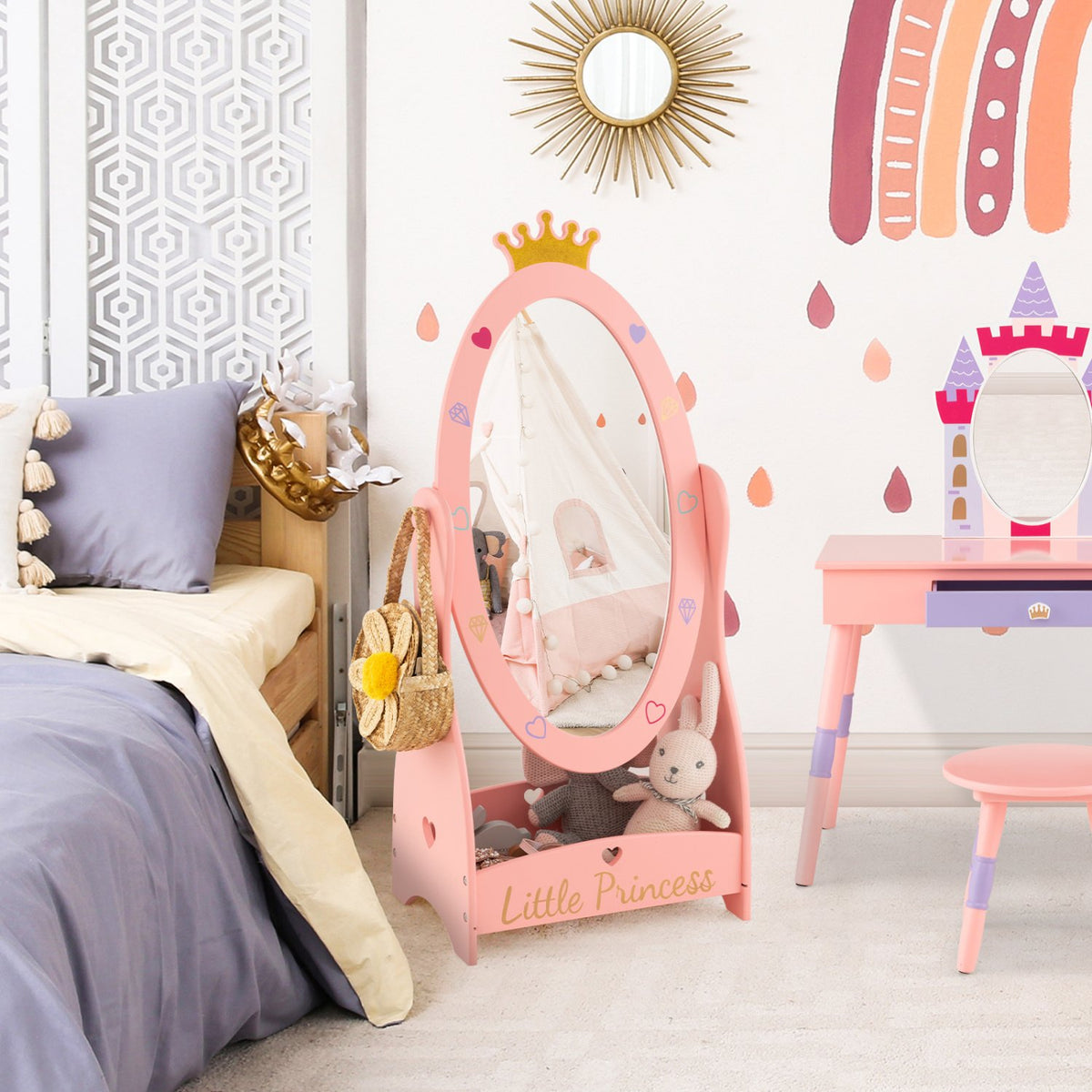 Kids Full Length Mirror with 360 Degree Rotatable Design and Shelf-Pink view 2