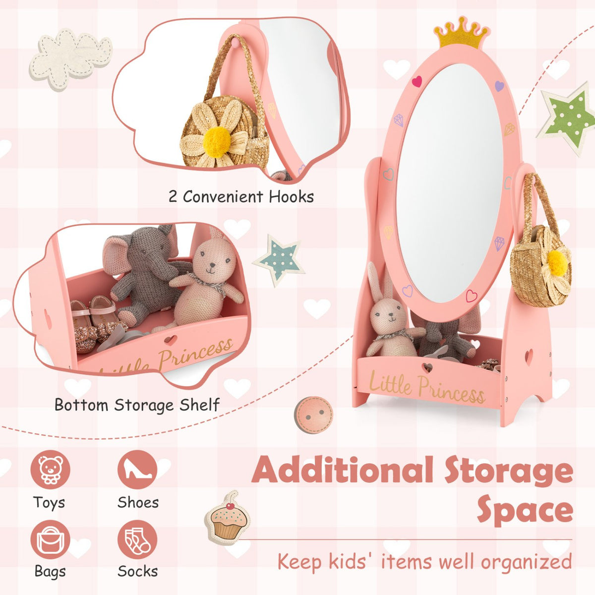 Kids Full Length Mirror with 360 Degree Rotatable Design and Shelf-Pink view 8