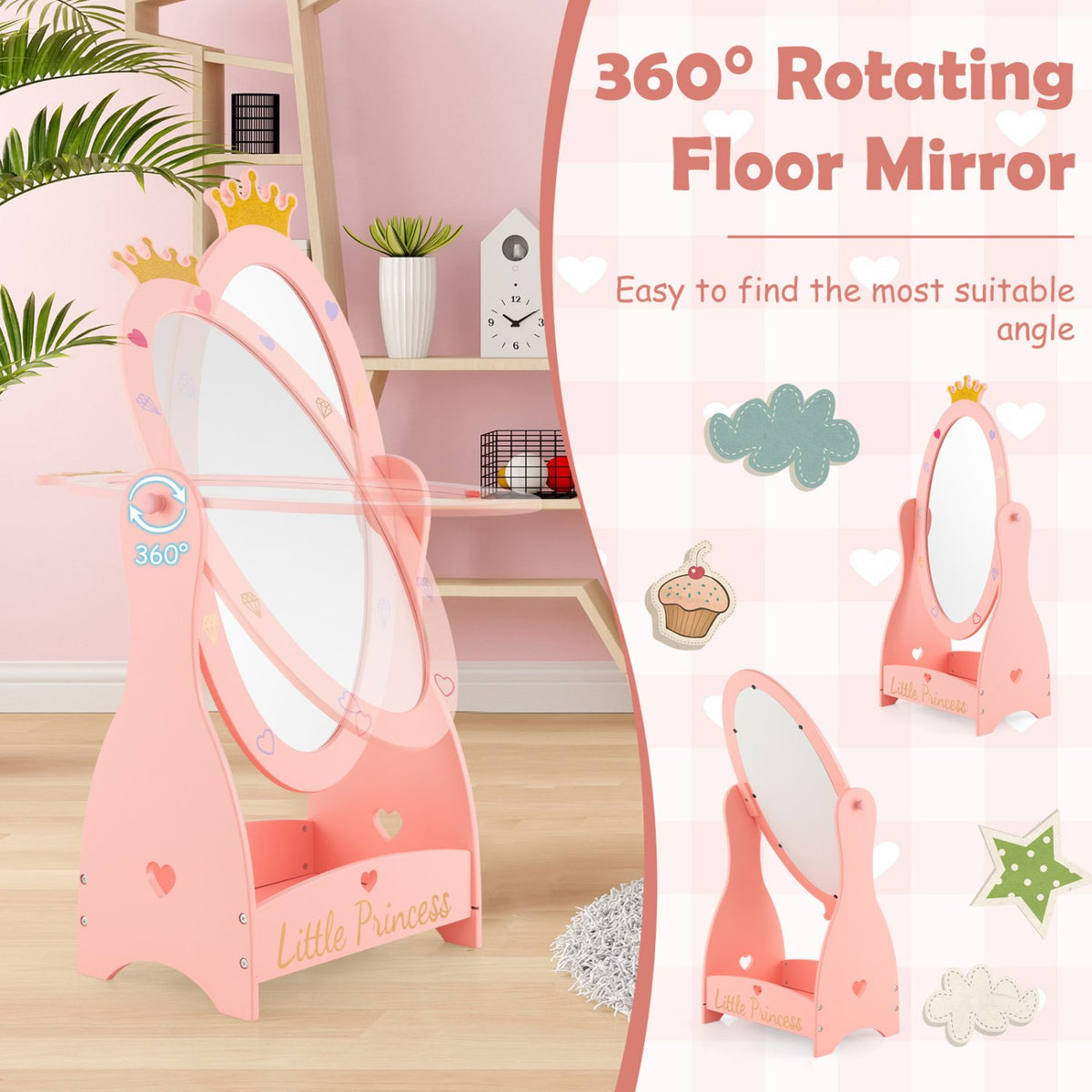 Kids Full Length Mirror with 360 Degree Rotatable Design and Shelf-Pink view 9