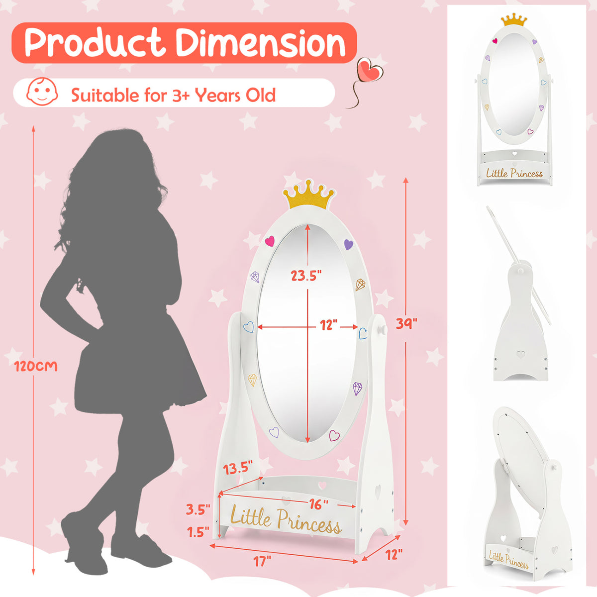 Kids Full Length Mirror with 360 Degree Rotatable Design and Shelf-White view 5