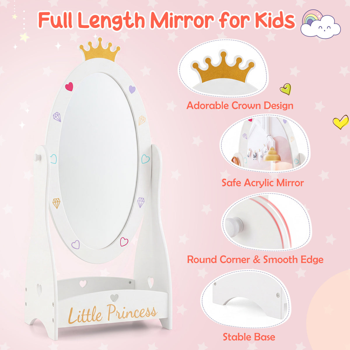 Kids Full Length Mirror with 360 Degree Rotatable Design and Shelf-White view 6