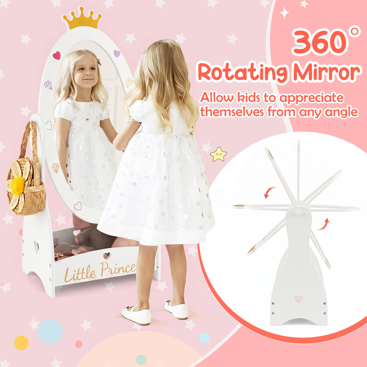 Kids Full Length Mirror with 360 Degree Rotatable Design and Shelf-White view 7