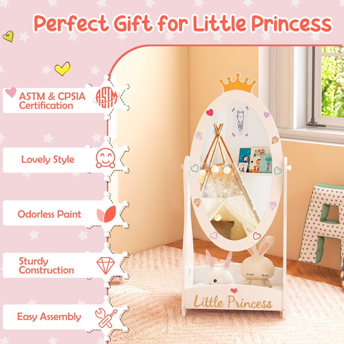 Kids Full Length Mirror with 360 Degree Rotatable Design and Shelf-White view 9