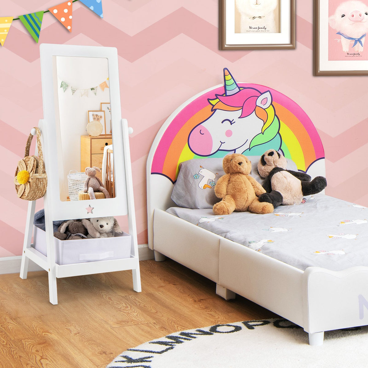 Kids Full Length Mirror 360 Degree Rotatable Dressing Mirror with Storage Bin-White view 2