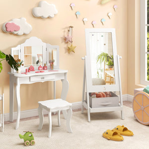 Kids Full Length Mirror 360 Degree Rotatable Dressing Mirror with Storage Bin-White view 3