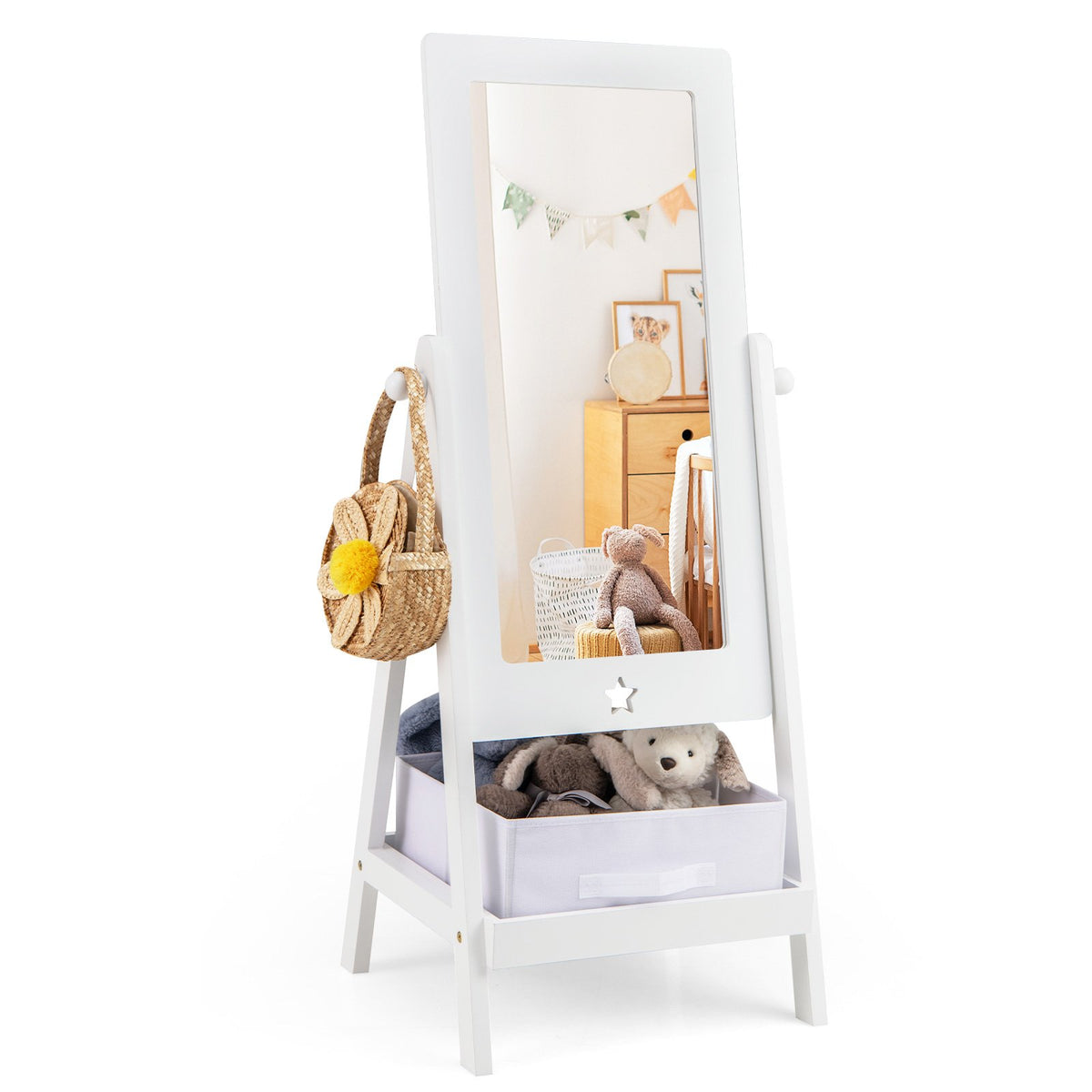 Kids Full Length Mirror 360 Degree Rotatable Dressing Mirror with Storage Bin-White view 4
