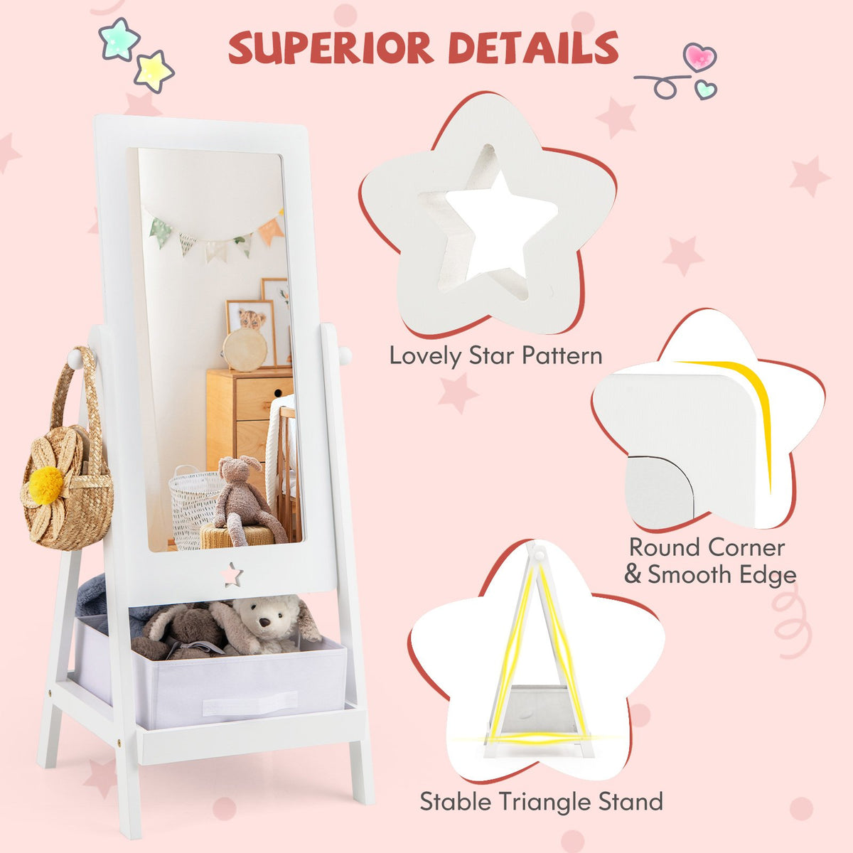 Kids Full Length Mirror 360 Degree Rotatable Dressing Mirror with Storage Bin-White view 6
