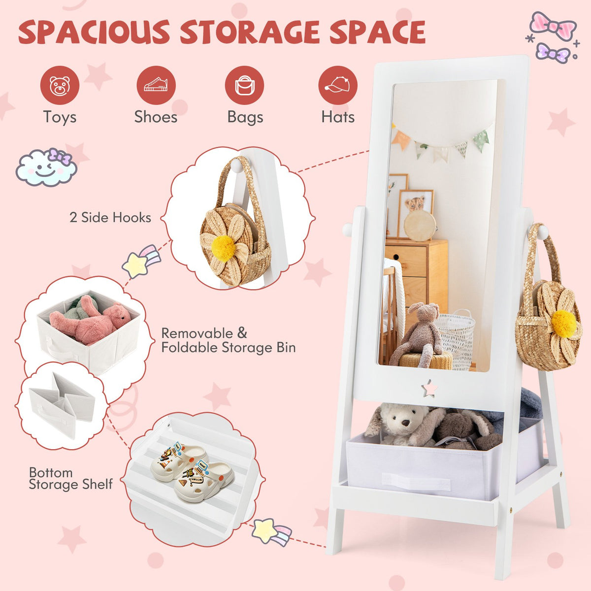 Kids Full Length Mirror 360 Degree Rotatable Dressing Mirror with Storage Bin-White view 7