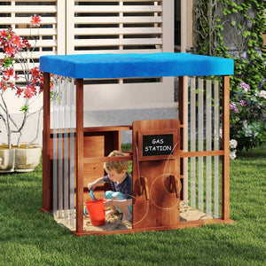 Kids Gas Station Playhouse with Gas Refueling Guns for Aged 3+-Brown view 2