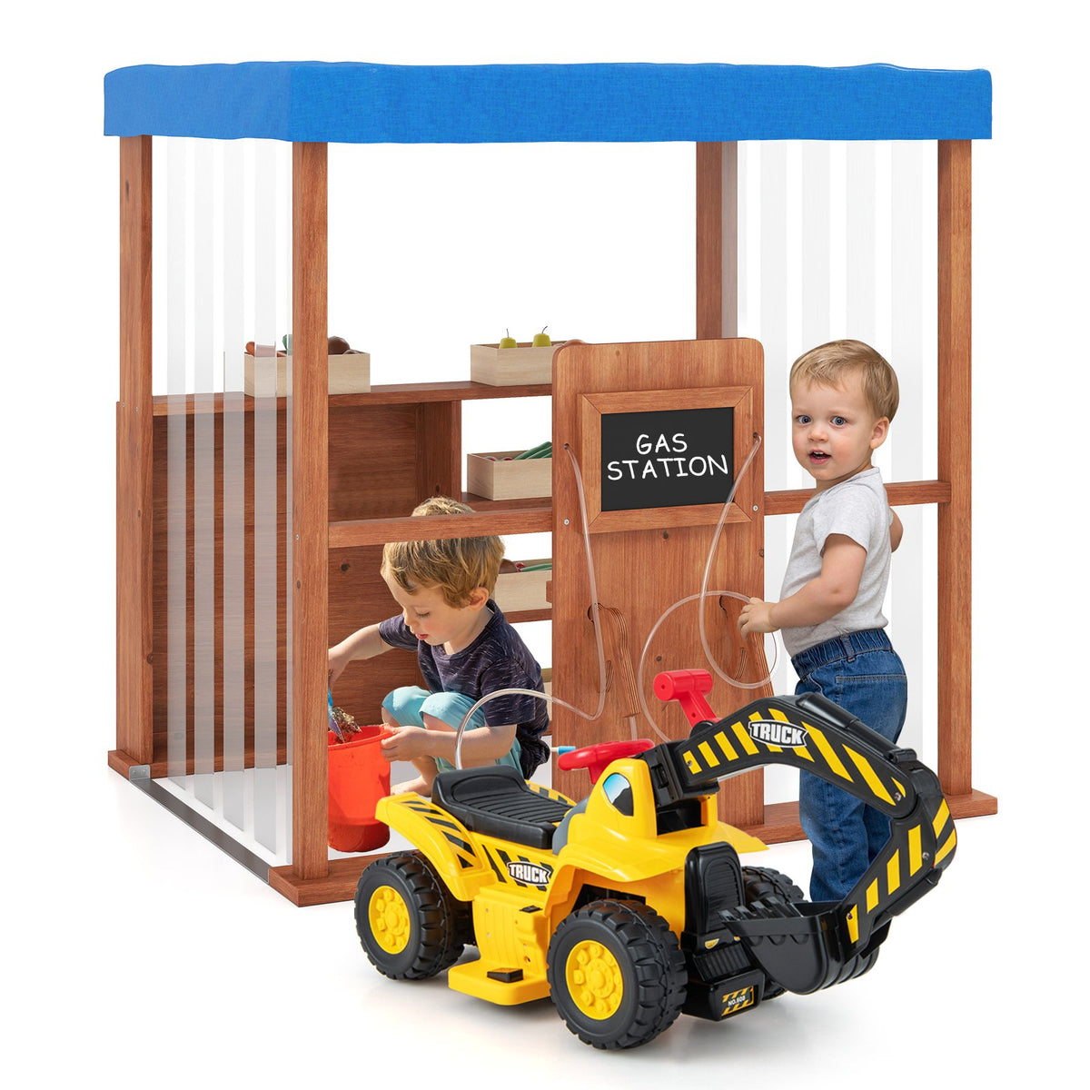 Kids Gas Station Playhouse with Gas Refueling Guns for Aged 3+-Brown view 4